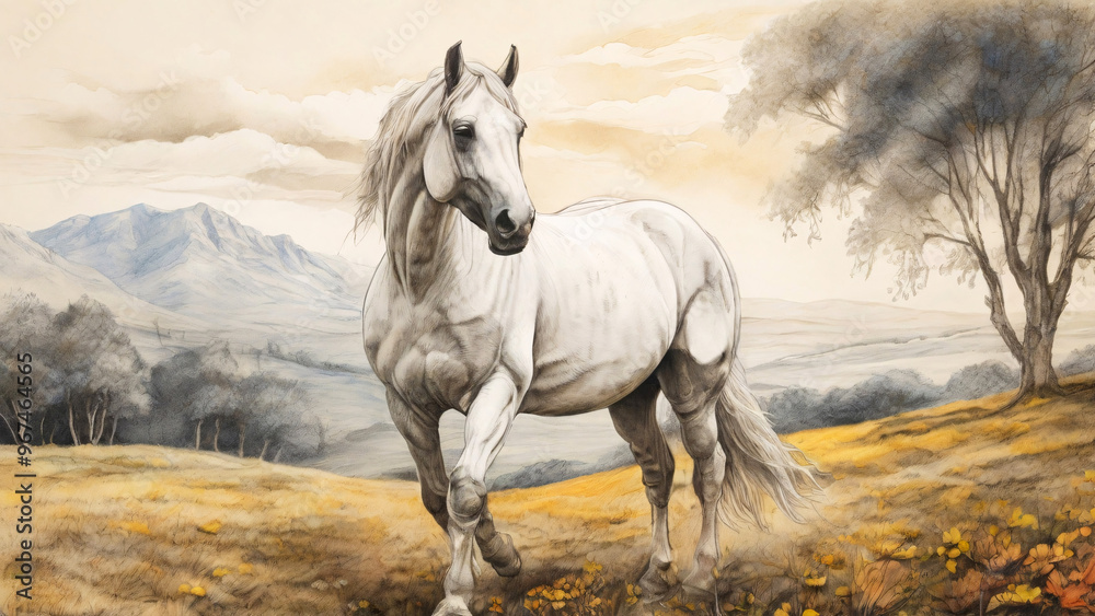 A white horse calmly walks with mountains in the background, blending nature's grandeur and the grace of the animal. A white horse calmly walks with mountains in the background, blending nature's grandeur and the grace of the animal.