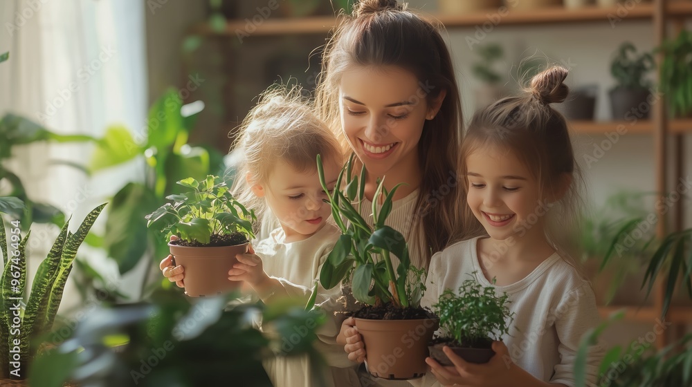 Obraz premium A joyful mother and her two daughters nurturing plants in a sunlit indoor garden on a peaceful afternoon