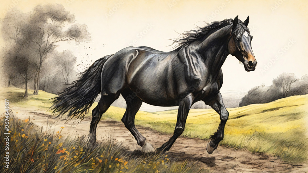 A majestic black horse runs freely on a grassy path with trees in the background under a clear sky. A majestic black horse runs freely on a grassy path with trees in the background under a clear sky.
