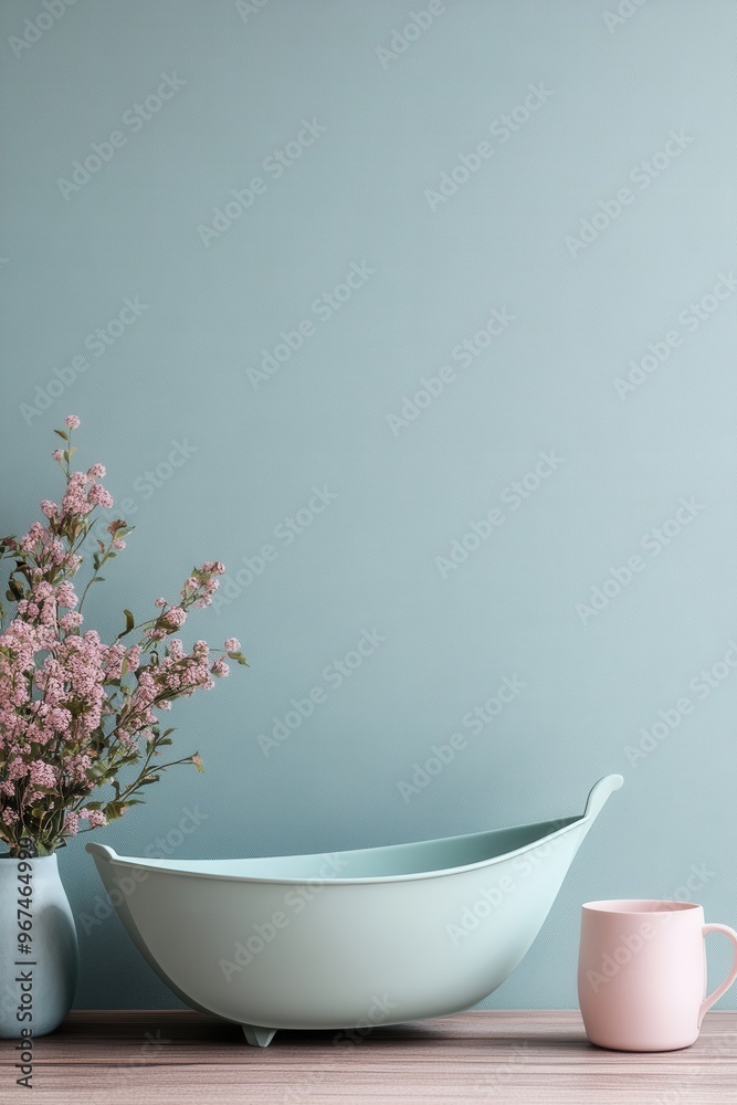 A serene still life featuring a pastel bowl, fresh flowers, and a soft pink mug against a calming blue background A serene still life featuring a pastel bowl, fresh flowers, and a soft pink mug against a calming blue background