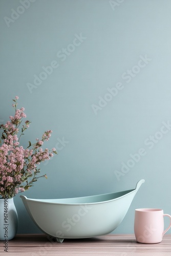 A serene still life featuring a pastel bowl, fresh flowers, and a soft pink mug against a calming blue background