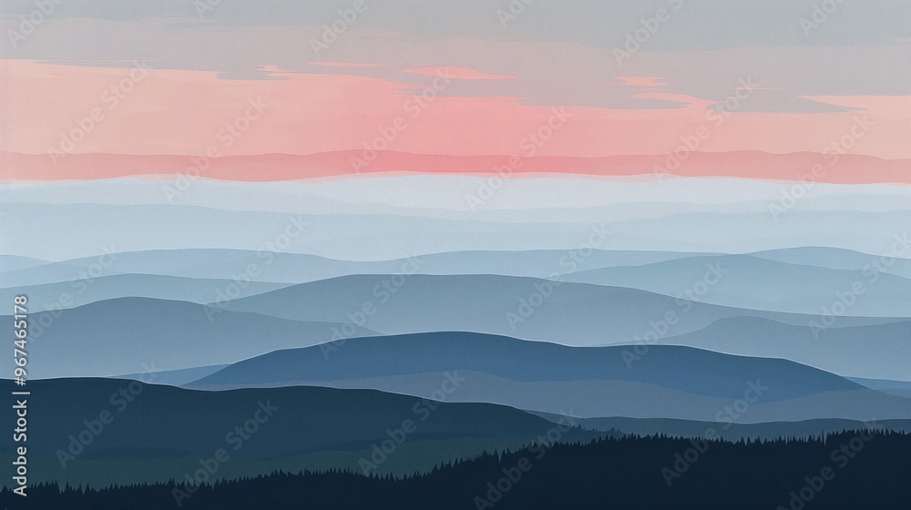 Obraz premium A serene landscape of layered mountains under a soft, pastel sky at dawn.