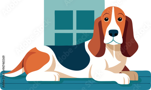 A dog is laying on a window sill. The dog is brown and white