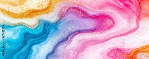 Panoramic fluid art with vibrant swirls of blue, pink, purple, yellow, and orange. Marbled texture with bubble-like details creates a mesmerizing abstract landscape