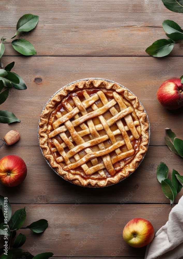 Delicious apple pie with a golden lattice crust, surrounded by vibrant apples and green leaves Delicious apple pie with a golden lattice crust, surrounded by vibrant apples and green leaves