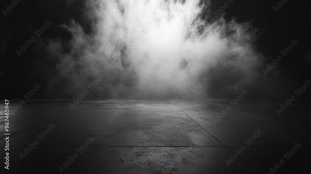 Abstract image of dark room concrete floor. Black room or stage background for product placement.Panoramic view of the abstract fog. White cloudiness, mist or smog moves on black background. Abstract image of dark room concrete floor. Black room or stage background for product placement.Panoramic view of the abstract fog. White cloudiness, mist or smog moves on black background.