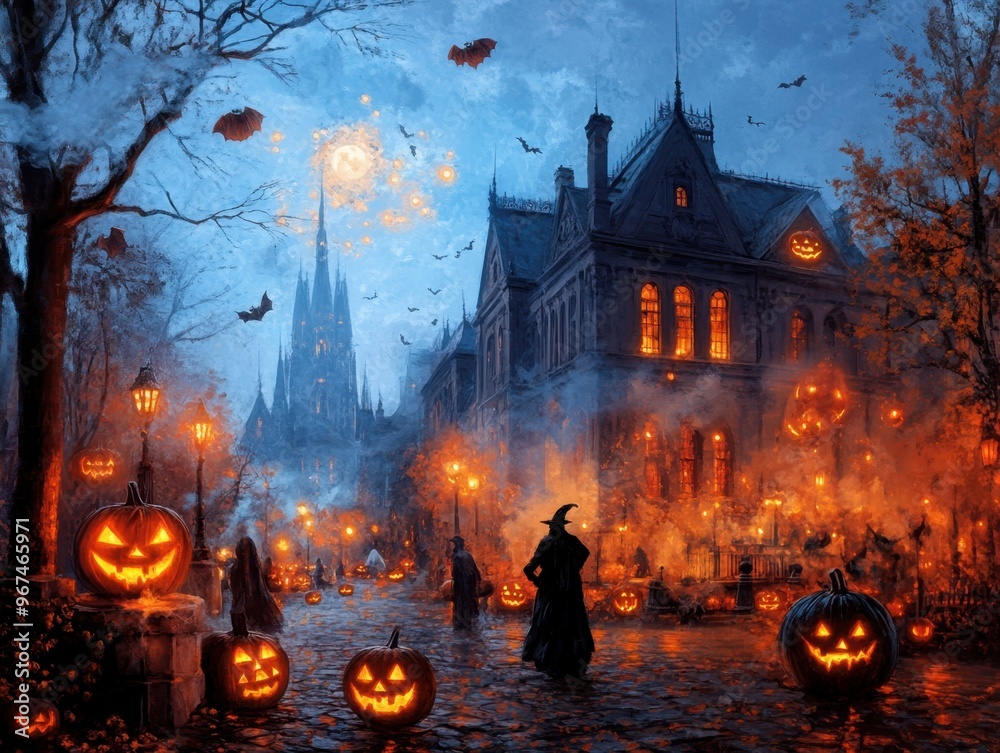 Elegantly Haunted Victorian Halloween Scene with Ghostly Figures and Gas Lamps Elegantly Haunted Victorian Halloween Scene with Ghostly Figures and Gas Lamps