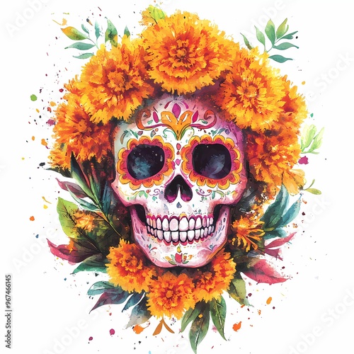 Vector illustration of sugar skull with marigold wreath in watercolor style. Day :Dia de los Muertos". Halloween poster background