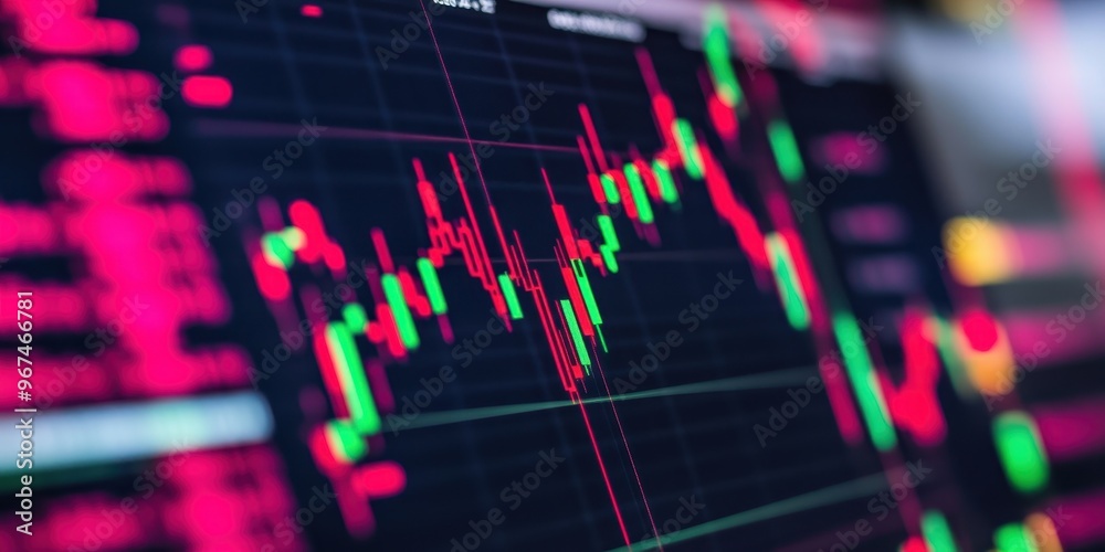 Dynamic stock market chart with vibrant red and green candlesticks illustrating price fluctuations and trading trends. Dynamic stock market chart with vibrant red and green candlesticks illustrating price fluctuations and trading trends.