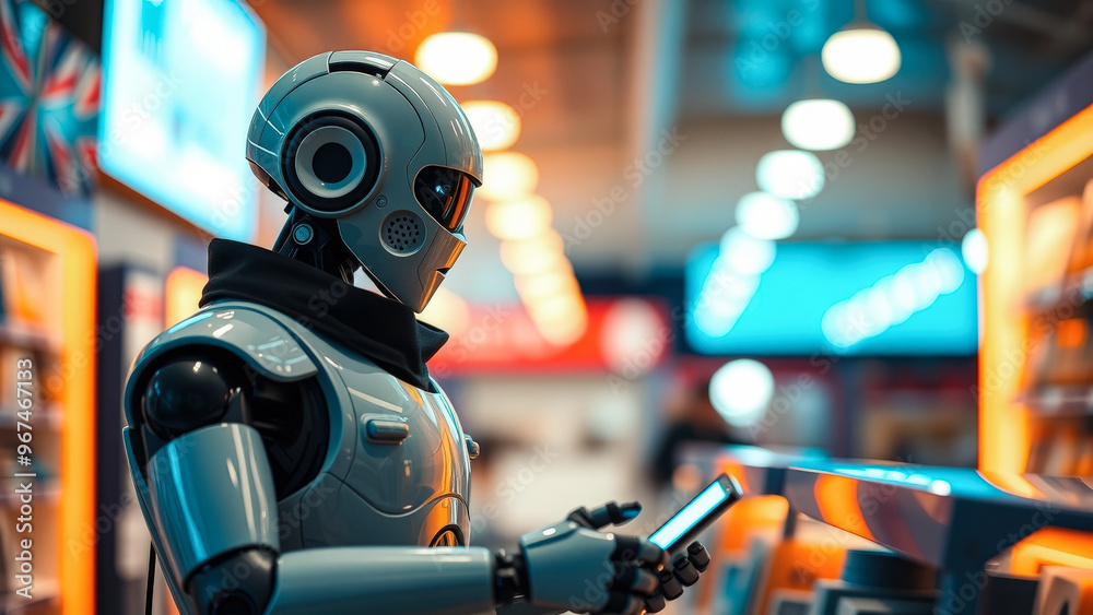 Futuristic Robot Using Smartphone in a Store Futuristic Robot Using Smartphone in a Store