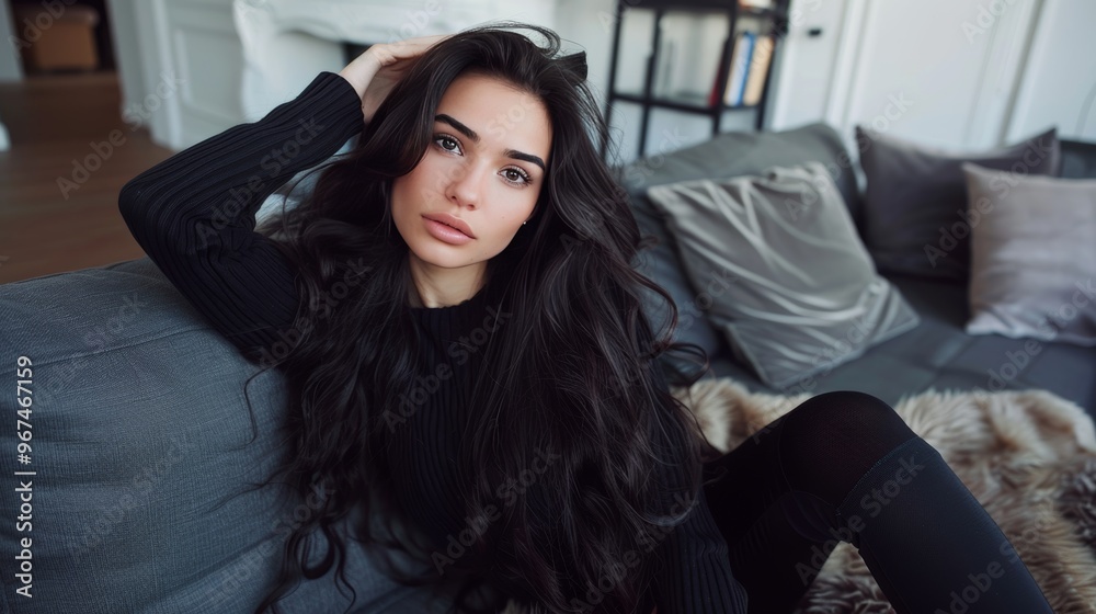 Fototapeta premium Woman comfortably seated on a sofa highlighting her visible varicose veins on one leg