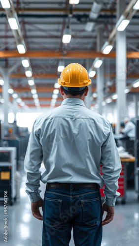 Back of a Construction Worker in a Factory