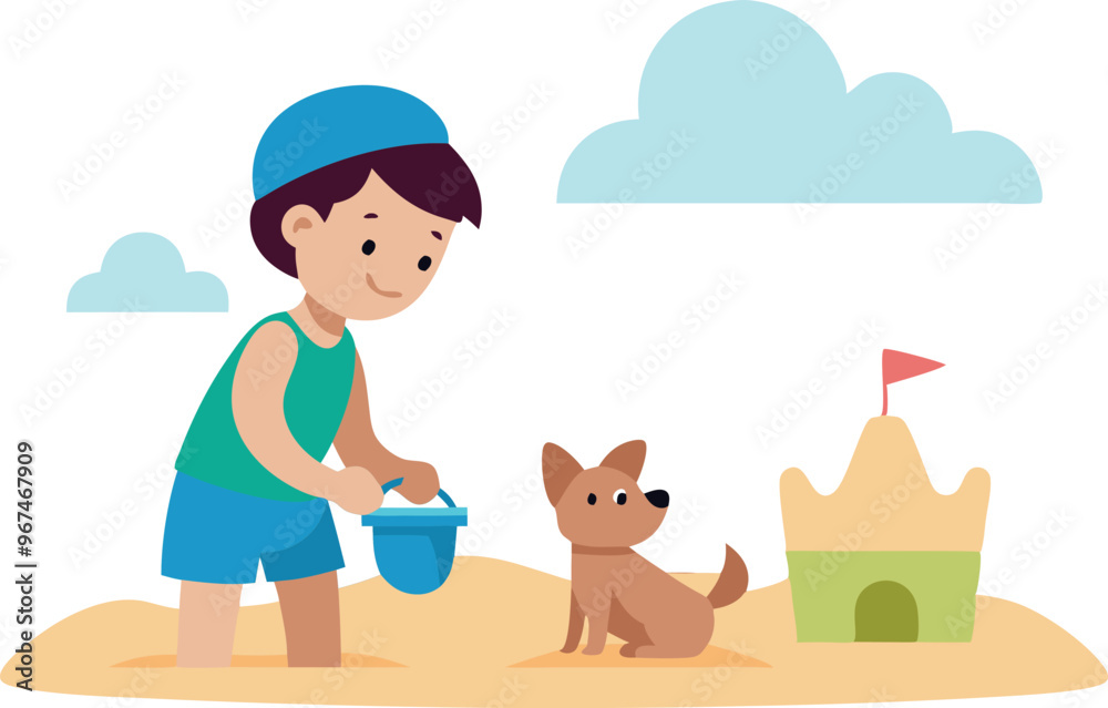 A boy is playing with a dog on the beach. The boy is holding a bucket and the dog is standing next to him. The scene is bright and cheerful, with the boy and dog enjoying their time together A boy is playing with a dog on the beach. The boy is holding a bucket and the dog is standing next to him. The scene is bright and cheerful, with the boy and dog enjoying their time together