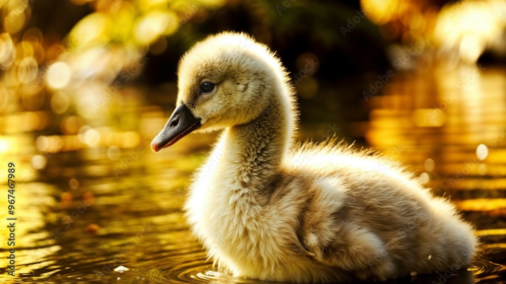 Fototapeta premium Adorable fluffy duckling swimming in a golden sunset pond