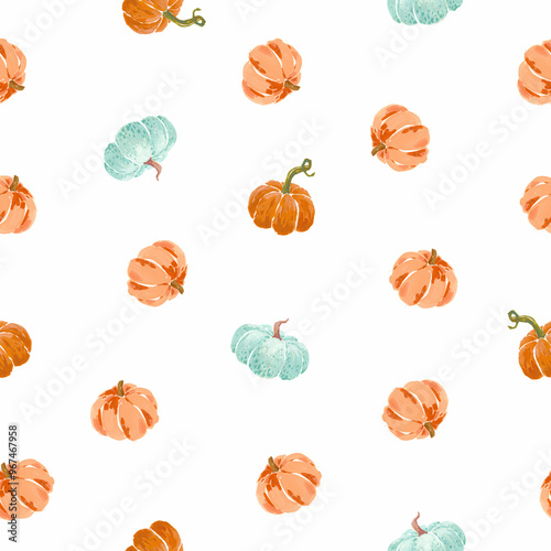 Beautiful autumn seamless pattern with hand drawn gouache pumpkin illustrations. Fall design print. Stock illustration. photo