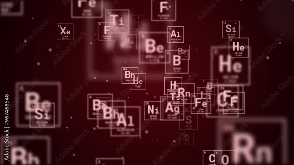 Red abstract background with animated icon periodic table of the chemical elements. Loop scientist animation. Red abstract background with animated icon periodic table of the chemical elements. Loop scientist animation.