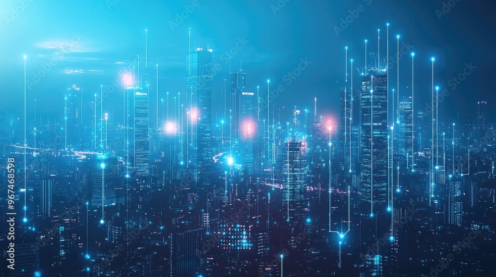 Big data connection technology. Cityscape telecommunication and communication network concept. Big data connection technology. Cityscape telecommunication and communication network concept.