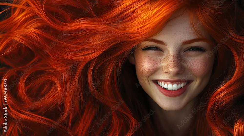 A woman with bright red hair beams with a friendly smile. Her long, flowing hair frames her face, making her glow with joy and optimism. A woman with bright red hair beams with a friendly smile. Her long, flowing hair frames her face, making her glow with joy and optimism.