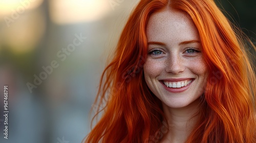 A woman with bright red hair beams with a friendly smile. Her long, flowing hair frames her face, making her glow with joy and optimism.