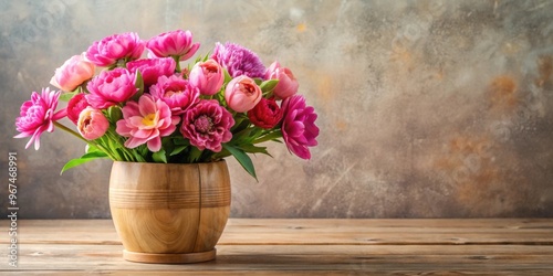 Wallpaper Mural Vibrant floral arrangement of pink flowers in wooden vase on table, flowers, pink, vibrant, floral, arrangement, wooden, vase Torontodigital.ca