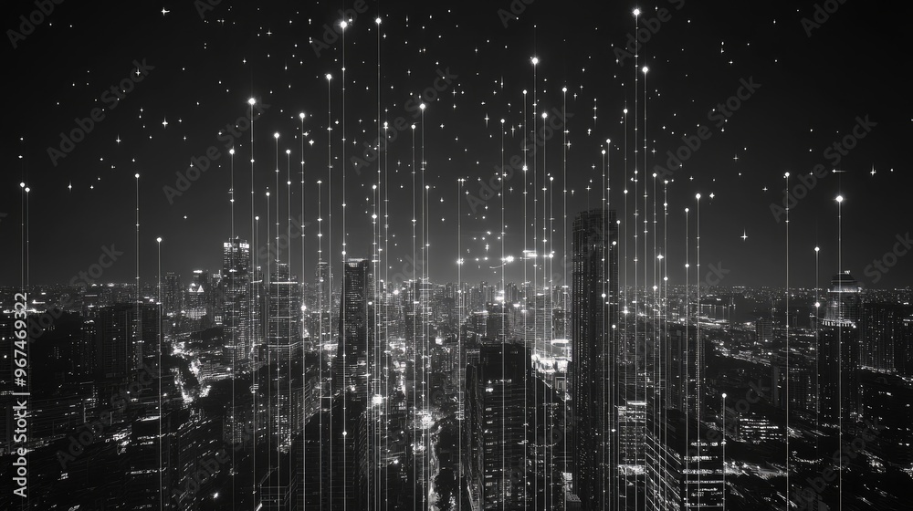 Black and white smart city with data communication flow network, communication technology concept Black and white smart city with data communication flow network, communication technology concept
