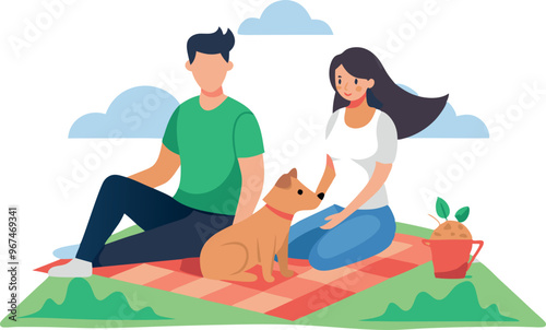 A man and woman are sitting on a blanket with a dog