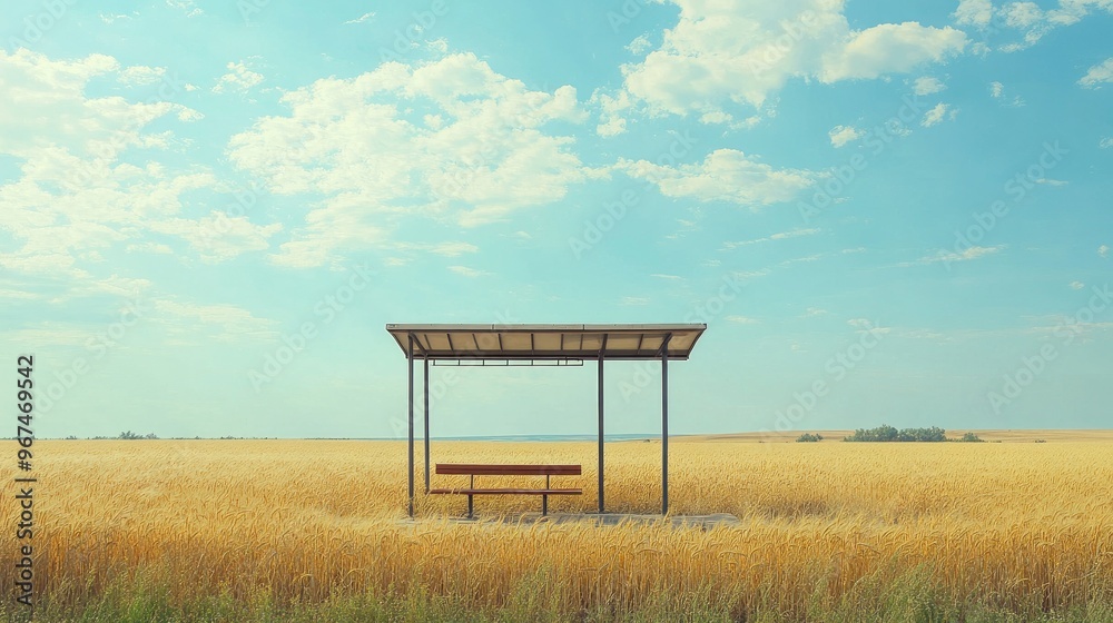 A bus stop in the middle of a wheat field, with no passengers and a vast horizon in the background. A bus stop in the middle of a wheat field, with no passengers and a vast horizon in the background.