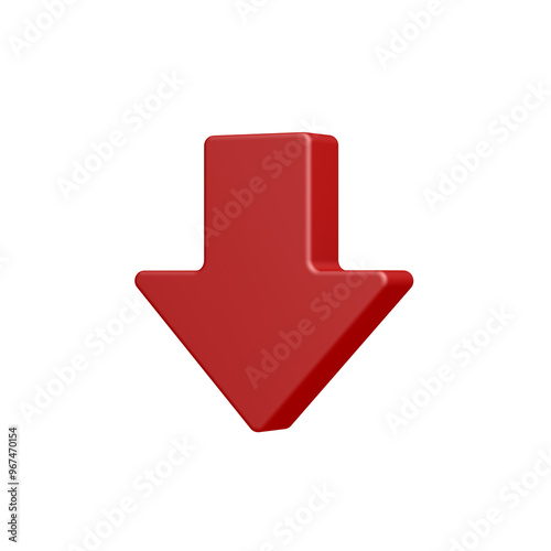 Red arrow pointing down. Isolated. 3d illustration.