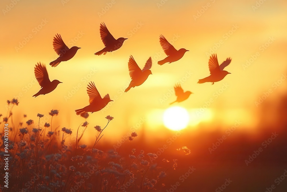 Naklejka premium majestic silhouettes of diverse bird species in flight against a warm golden sunset sky creating a breathtaking tapestry of nature in motion