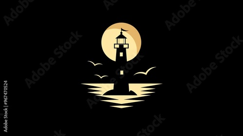 A black silhouette of a lighthouse on a rocky island in front of a yellow moon with birds flying overhead. photo