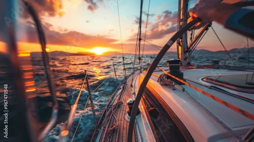 modern sailing yacht's cockpit with sailor's hands on wheel photo