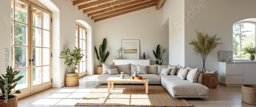 Wallpaper Mural Minimalist living room with white sofa and wooden coffee table Torontodigital.ca