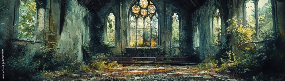 Fototapeta premium Abandoned church, shattered stained glass, creeping vines, Watercolor style