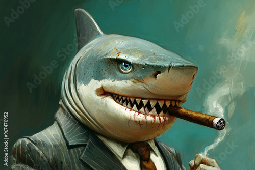 Shark in a striped suit with a cigar in its mouth smiling deviously representing power humor and underwater business style photo