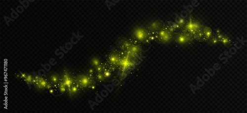 Magic trail twinkles with flaring particles. Glittering dust with brightening stars. Sparkling wave flow shines on transparent background.