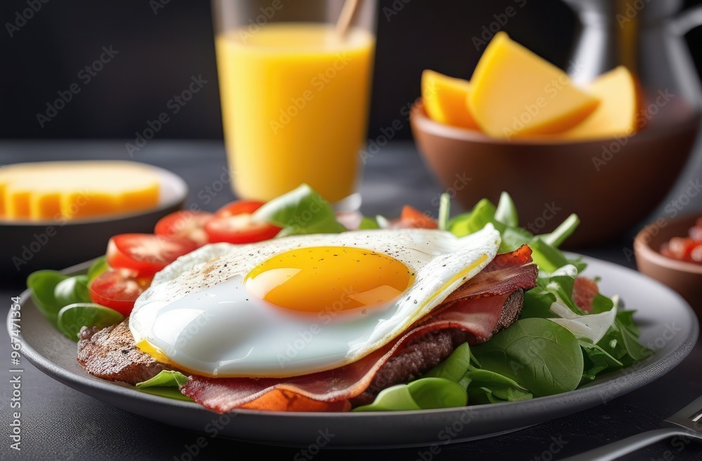 Fototapeta premium A delicious and hearty breakfast dish featuring a perfectly cooked sunny-side-up egg with a runny yolk, crispy bacon, and a savory sausage patty.