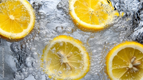 Close-up of lemon slices submerged in sparkling water with bubbles, refreshing citrus beverage concept, vibrant and fresh photo