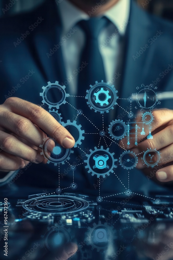 Management workflow visualized with connected gears and cogs, management workflow, business process optimization