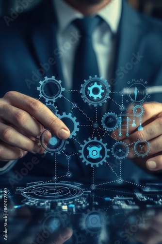 Management workflow visualized with connected gears and cogs, management workflow, business process optimization