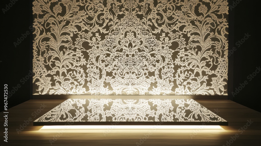 Elegant Italian lace pattern display with delicate floral design in a modern artistic setting Elegant Italian lace pattern display with delicate floral design in a modern artistic setting