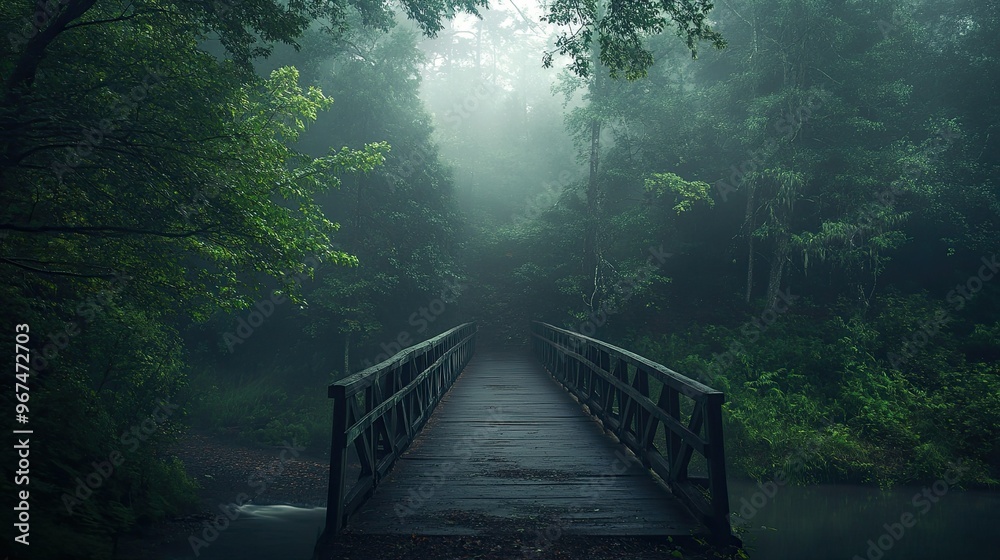 Fototapeta premium A fog-covered bridge leading over a river surrounded by mysterious, dense forest