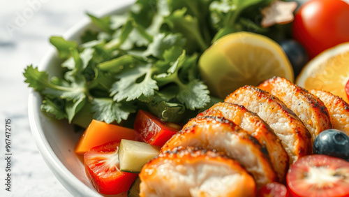 Close-up of Grilled Salmon with Fresh Vegetables and Fruit in a Bowl