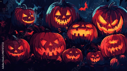 Illustration of Glowing Carved Pumpkins with Evil Faces in the Darkness on Halloween Night