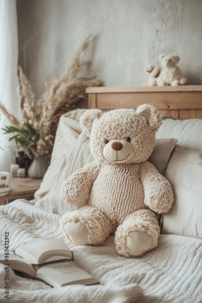 Bear toy with a soft, plush texture in a cozy bedroom, bear toy, childhood nostalgia in home decor