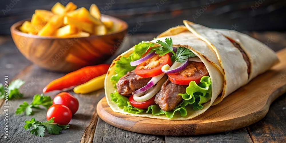 Tortilla wrapped gyros and doner kebab with french fries, a delicious and savory meal, tortilla, wrapped, gyros Tortilla wrapped gyros and doner kebab with french fries, a delicious and savory meal, tortilla, wrapped, gyros