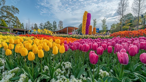 Vibrant display of tulips, daffodils, and floral sculptures at Canberra’s Floriade Festival, Australia’s largest spring bloom celebration, creating a stunning sea of colors.

