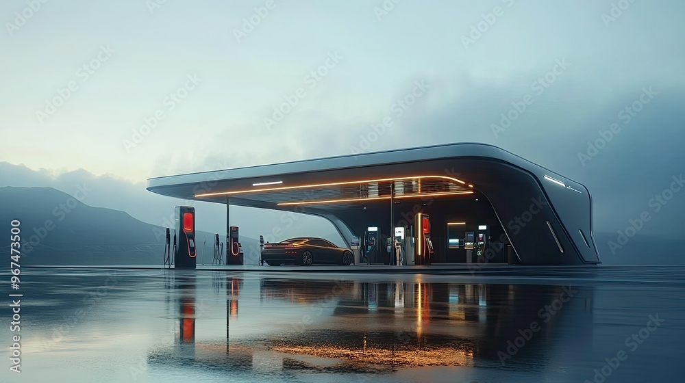 A futuristic gas station with sleek design, offering both electric and hydrogen fuel options for modern vehicles. A futuristic gas station with sleek design, offering both electric and hydrogen fuel options for modern vehicles.