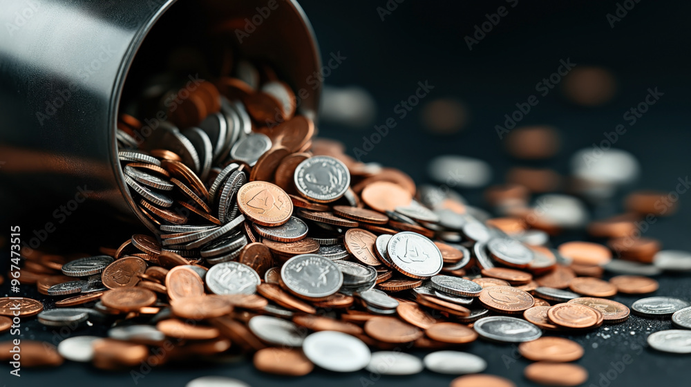 A container of mixed copper and silver coins tipped over with the contents spilling out onto a dark surface, capturing various sizes and denominations. A container of mixed copper and silver coins tipped over with the contents spilling out onto a dark surface, capturing various sizes and denominations.