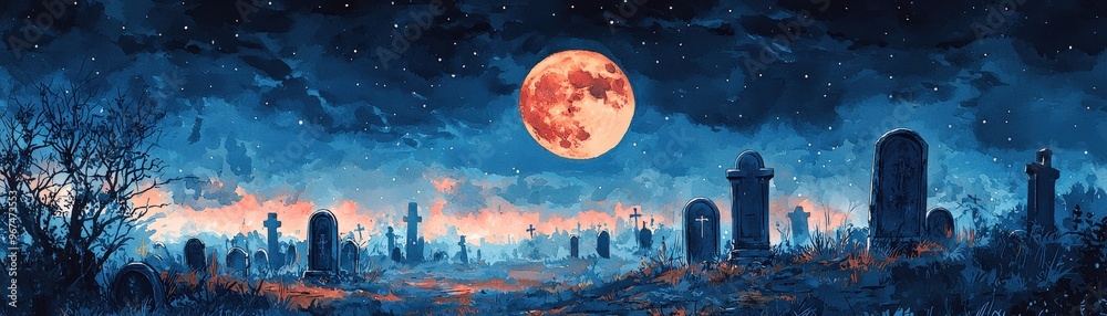 Fototapeta premium Full moon, casting shadows, gothic gravestones, Watercolor style