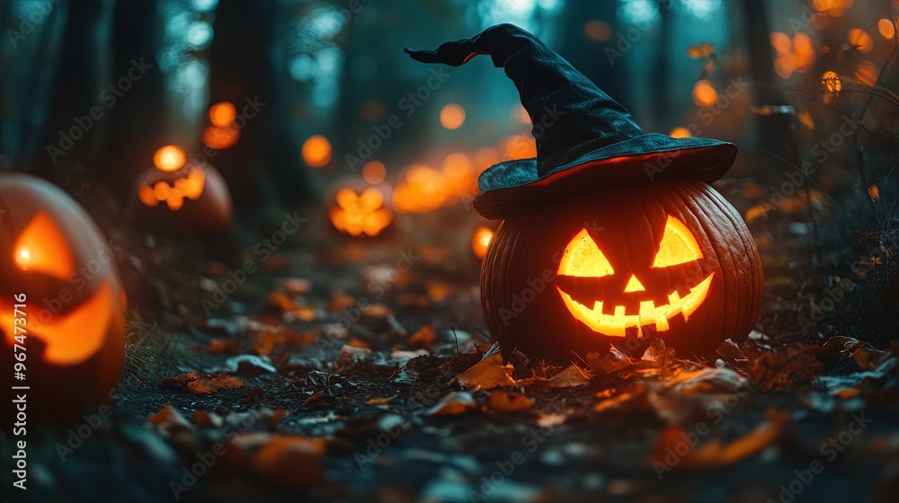 Fototapeta premium Glowing Halloween Pumpkins with a Witch on a Spooky Night